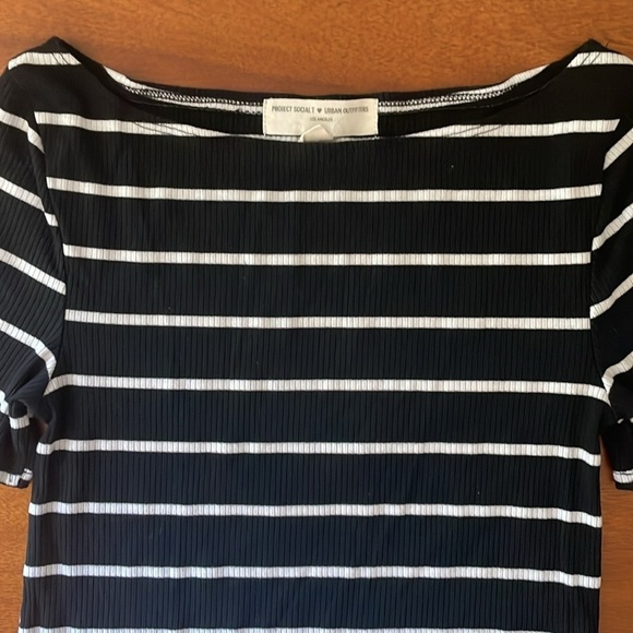 Project Social T Urban Outfitters Black White Stripe Ribbed Boat Neck T-Shirt M - Picture 2 of 5